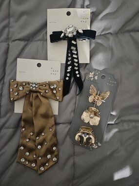 a new day Velvet Bow and Gold Floral Hair Clips Set - Black & Brown & Gold